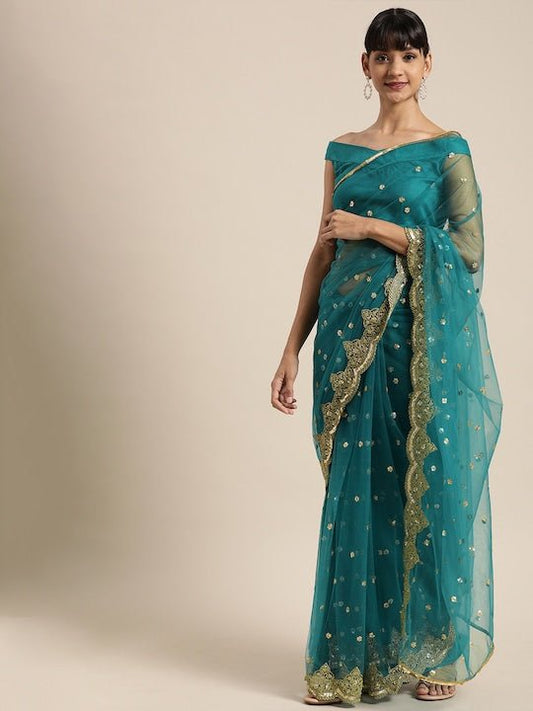 Teal Embellished Net Saree