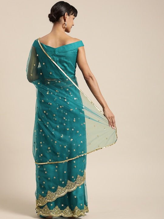 Teal Embellished Net Saree