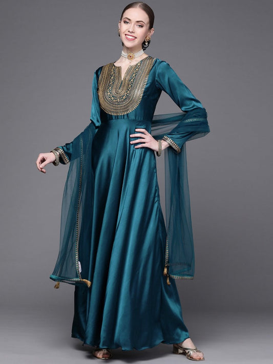 Teal Embroidered Anarkali Kurta with Dupatta - Inddus.com