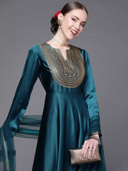 Teal Embroidered Anarkali Kurta with Dupatta - Inddus.com