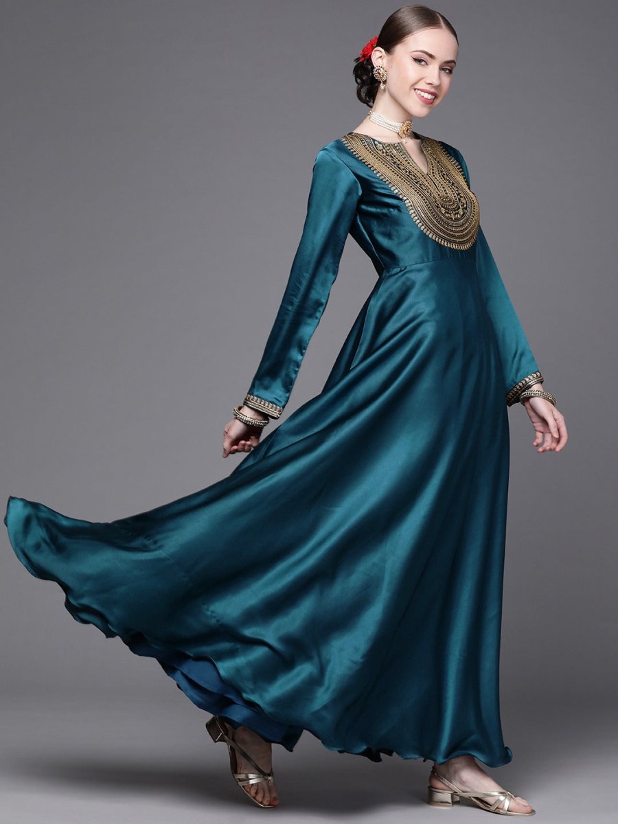 Teal Embroidered Anarkali Kurta with Dupatta - Inddus.com