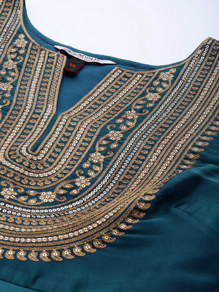 Teal Embroidered Anarkali Kurta with Dupatta - Inddus.com