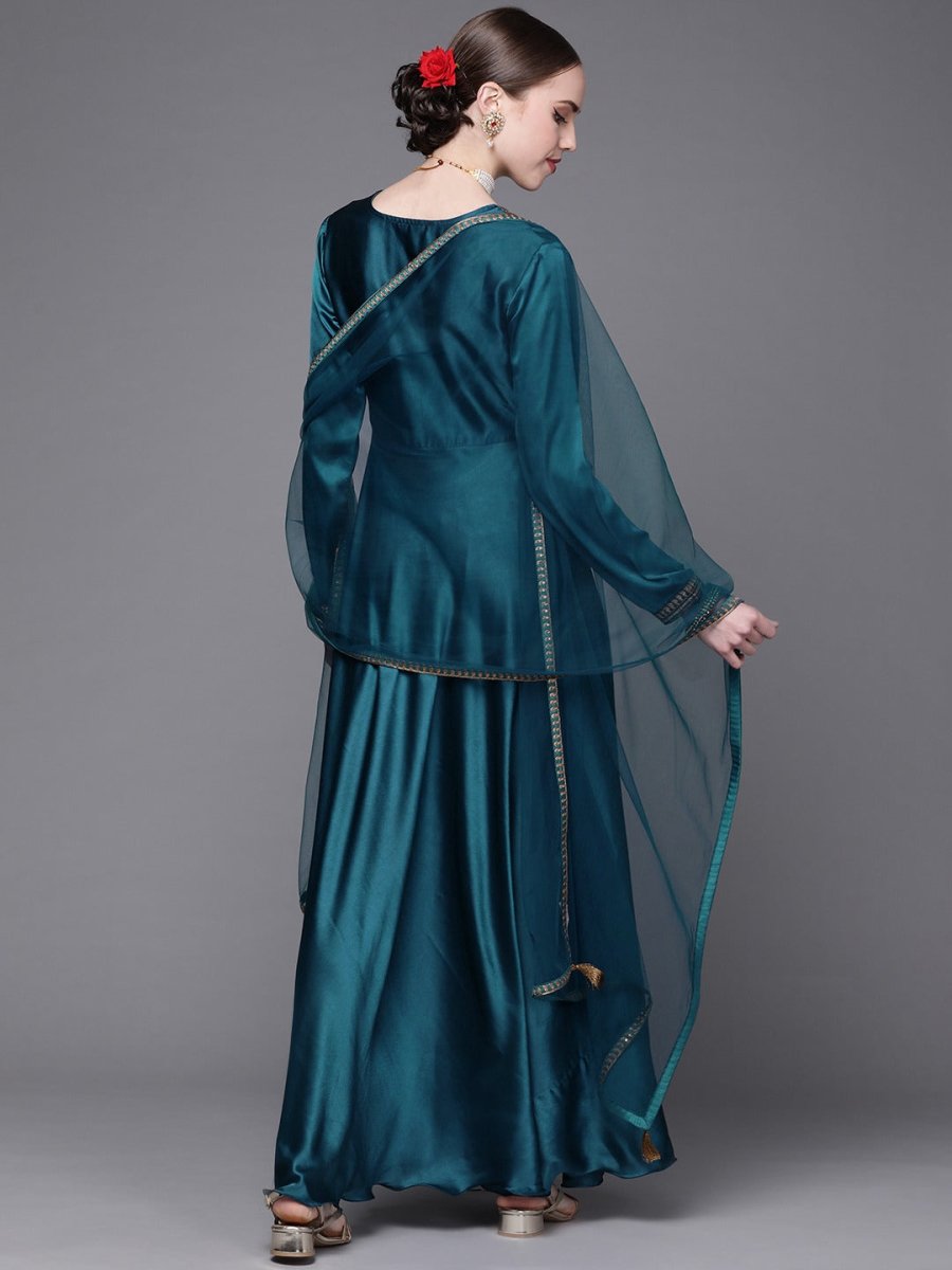 Teal Embroidered Anarkali Kurta with Dupatta - Inddus.com