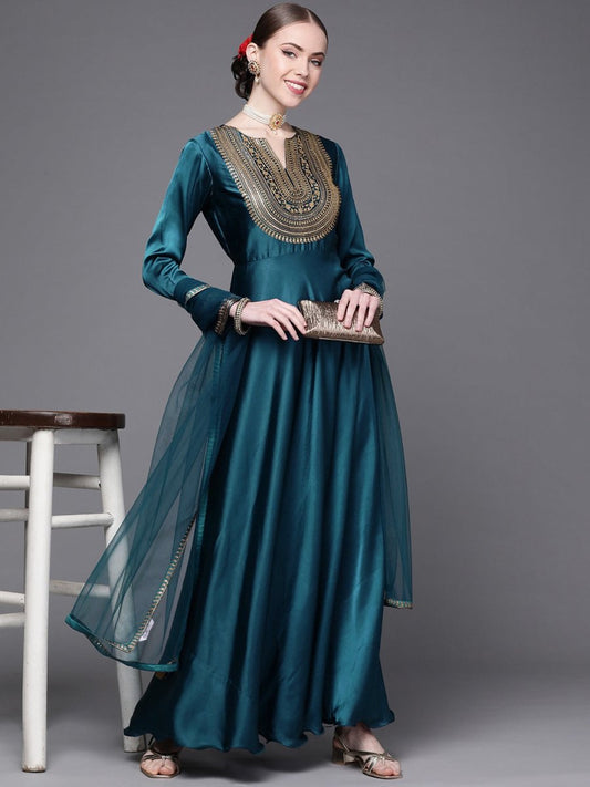 Teal Embroidered Anarkali Kurta with Dupatta - Inddus.com