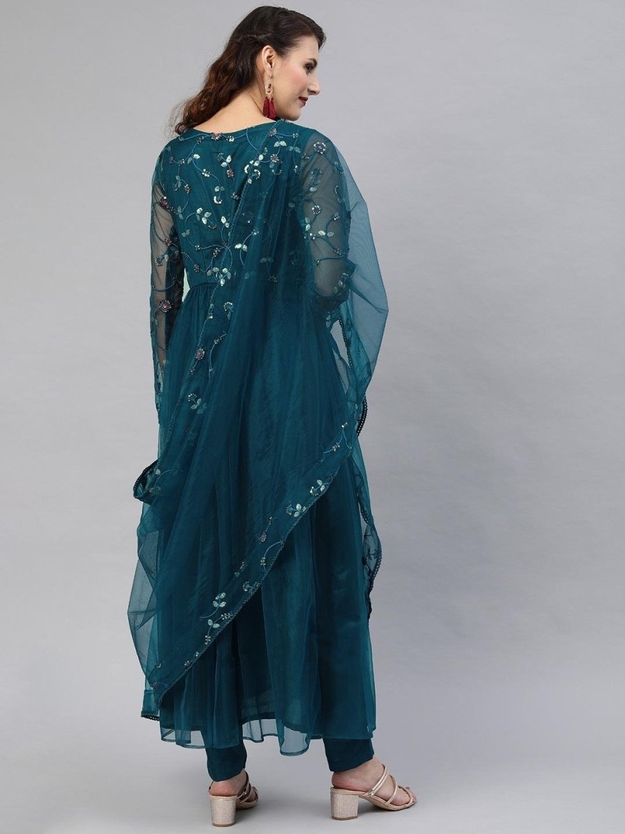 Teal Embroidered Kurta Set with Dupatta - Inddus.com