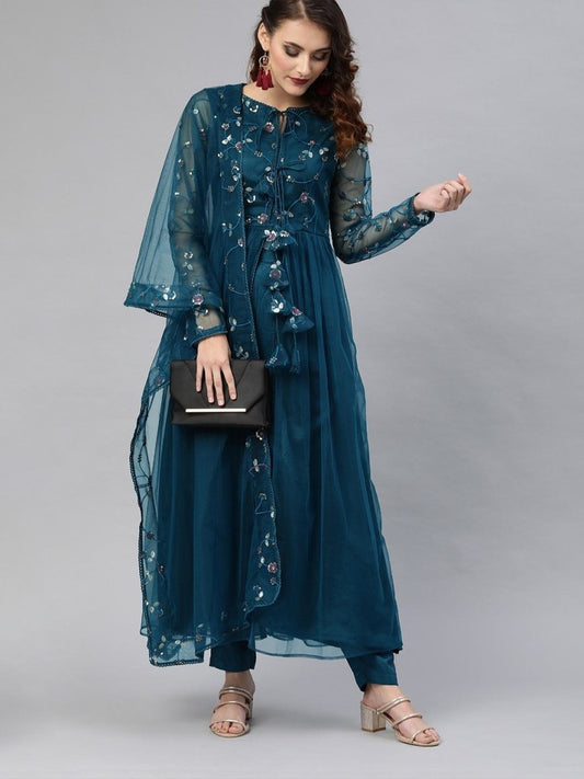 Teal Embroidered Kurta Set with Dupatta - Inddus.com