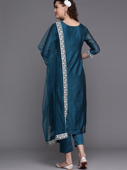 Teal Embroidered Kurta with Pants and Net Dupatta - Inddus.com