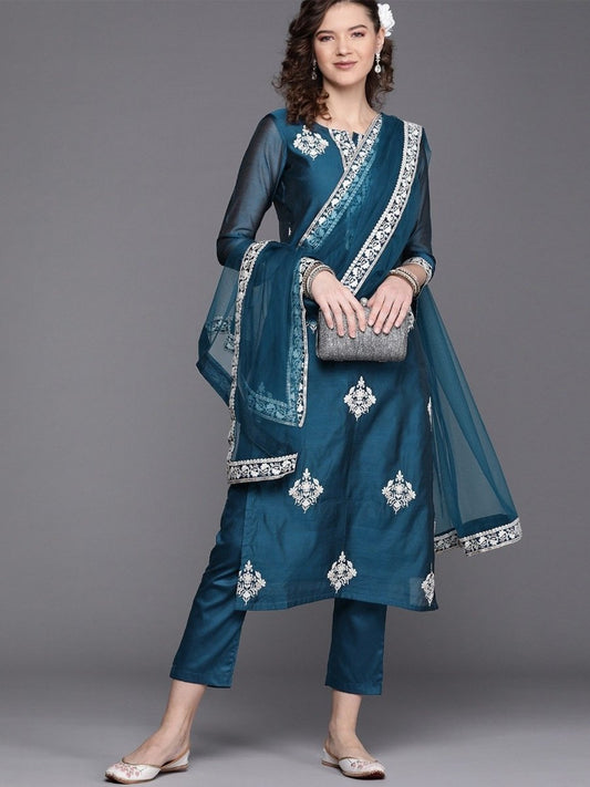 Teal Embroidered Kurta with Pants and Net Dupatta - Inddus.com