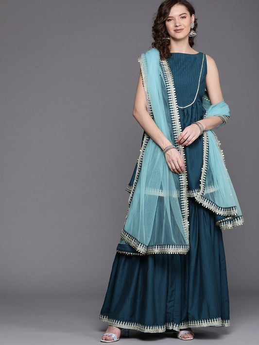 Teal Embroidered Kurta with Sharara and Net Dupatta - Inddus.com