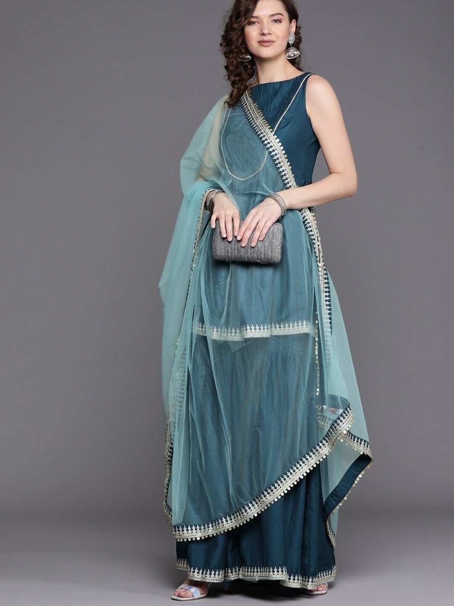 Teal Embroidered Kurta with Sharara and Net Dupatta - Inddus.com