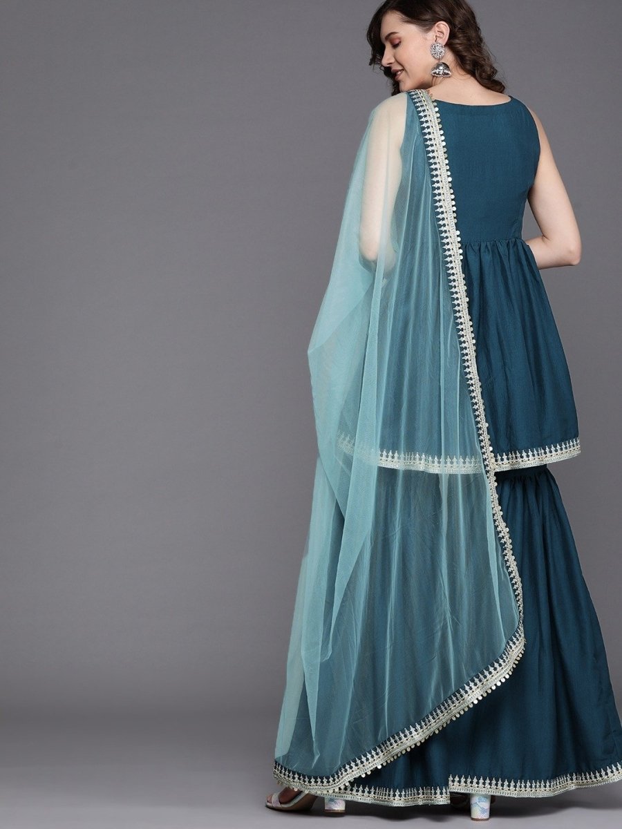 Teal Embroidered Kurta with Sharara and Net Dupatta - Inddus.com