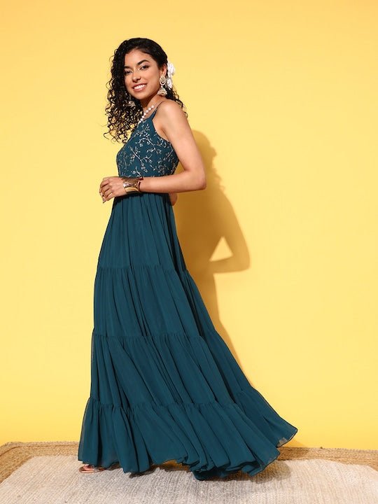 Teal Floral Embroidered Georgette Maxi Dress - Inddus.com