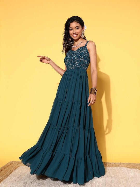 Teal Floral Embroidered Georgette Maxi Dress - Inddus.com