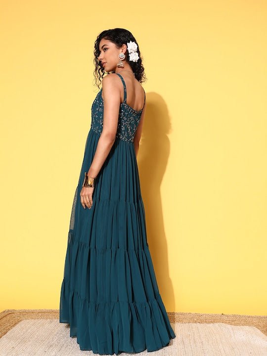 Teal Floral Embroidered Georgette Maxi Dress - Inddus.com