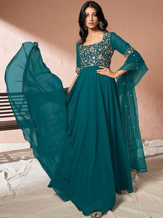 Teal Floral Embroidered Sequinned Fit and Flare Ethnic Dress With Dupatta - Inddus.com