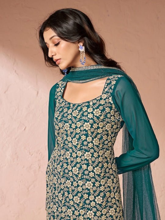 Teal Floral Embroidered Sequinned Georgette Kurta With Sharara & Dupatta - Inddus.com