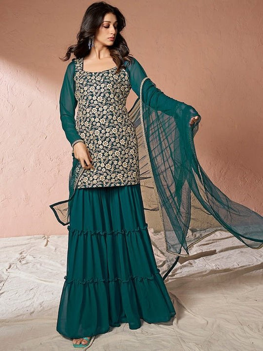 Teal Floral Embroidered Sequinned Georgette Kurta With Sharara & Dupatta - Inddus.com