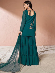 Teal Floral Embroidered Sequinned Georgette Kurta With Sharara & Dupatta - Inddus.com