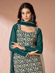 Teal Floral Embroidered Sequinned Georgette Kurta With Sharara & Dupatta - Inddus.com