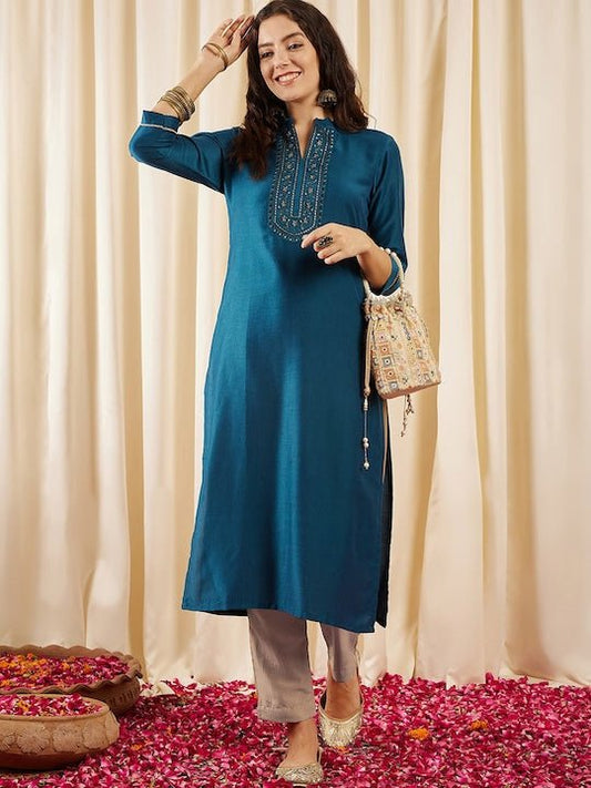 Teal Floral Yoke Design Mandarin Collar Thread Work Straight Kurta - Inddus.com