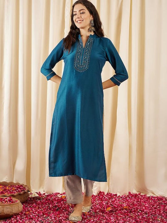 Teal Floral Yoke Design Mandarin Collar Thread Work Straight Kurta - Inddus.com