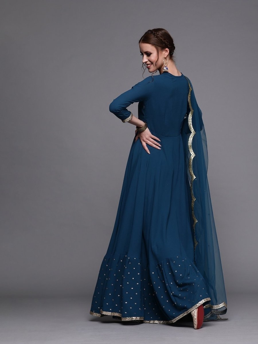 Teal Georgette Embroidered Anarkali Kurta Dupatta Set - inddus-us