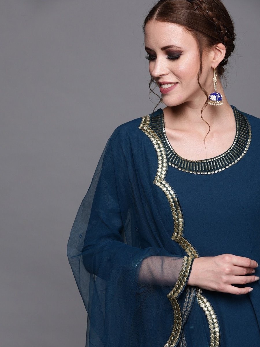 Teal Georgette Embroidered Anarkali Kurta Dupatta Set - inddus-us