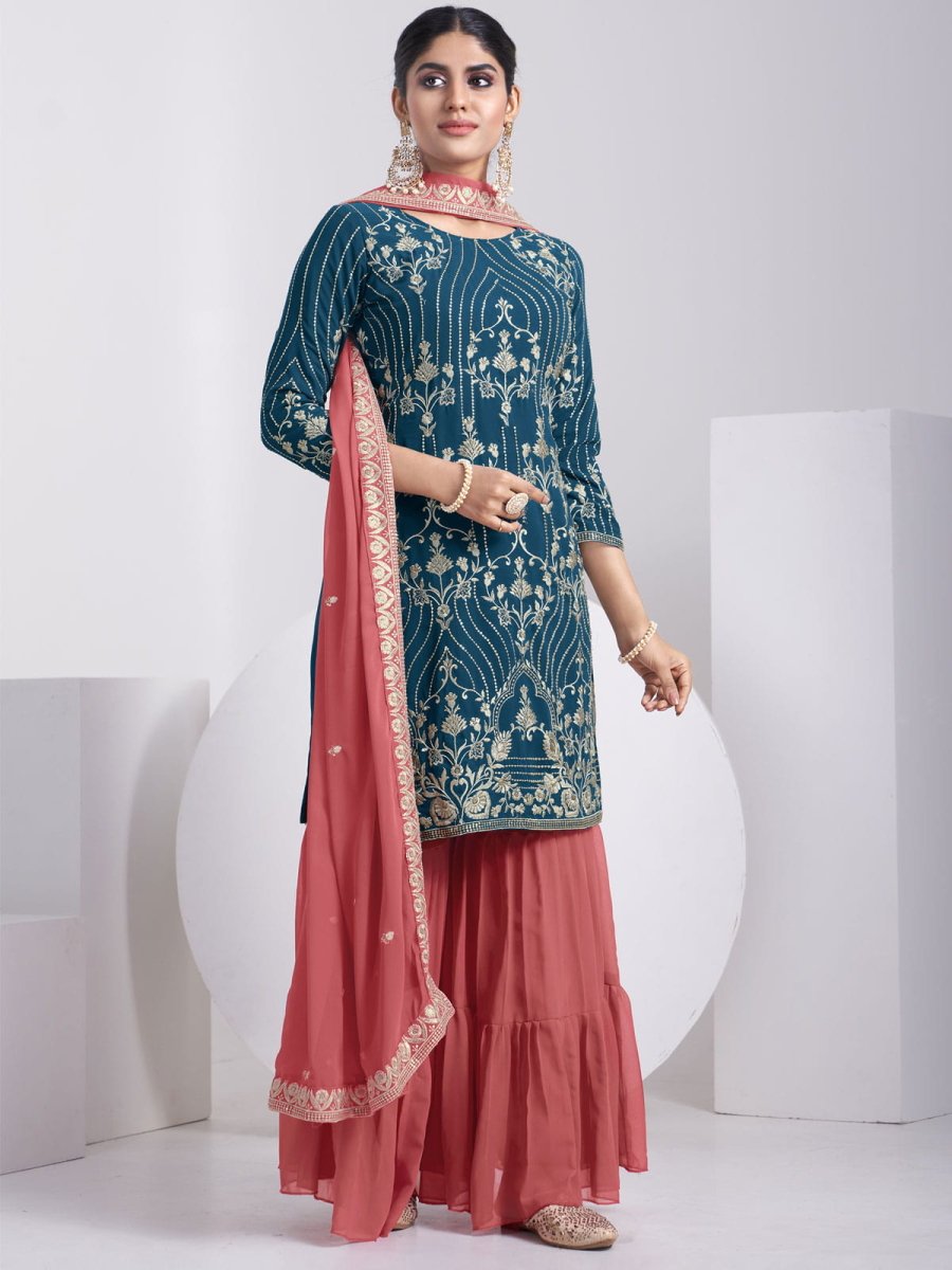 Teal Georgette Embroidered Sharara-Style-Suit - Inddus.com