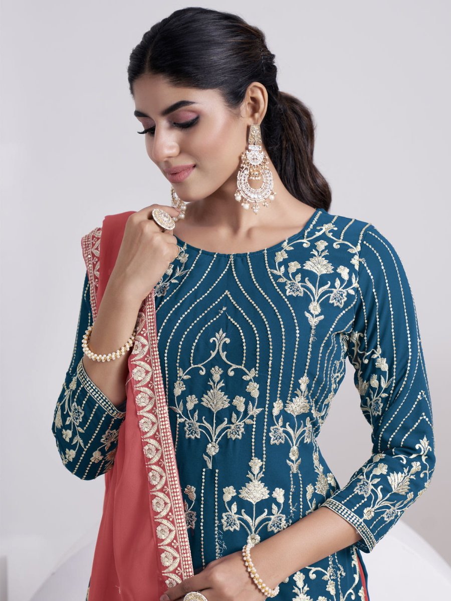 Teal Georgette Embroidered Sharara-Style-Suit - Inddus.com