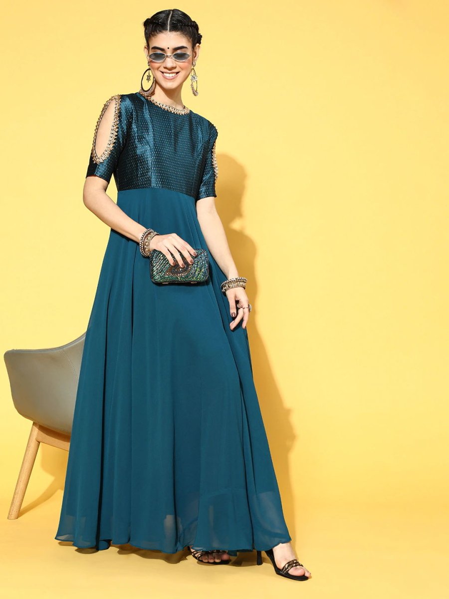 Teal Georgette Partywear Self Design Dresses - Inddus.com