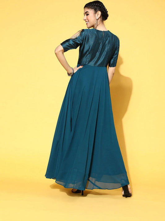 Teal Georgette Partywear Self Design Dresses - Inddus.com