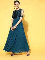 Teal Georgette Partywear Self Design Dresses - Inddus.com