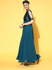 Teal Georgette Partywear Self Design Dresses - Inddus.com