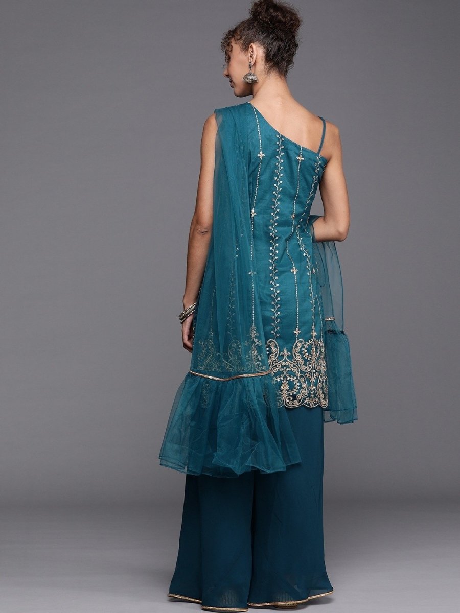 Teal Gold Embroidered Kurta with Sharara and Ruffled Net Dupatta - Inddus.com