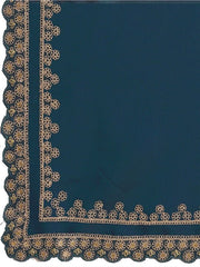 Teal & Gold-Toned Ethnic Motifs Embroidered Silk Blend Saree - Inddus.com