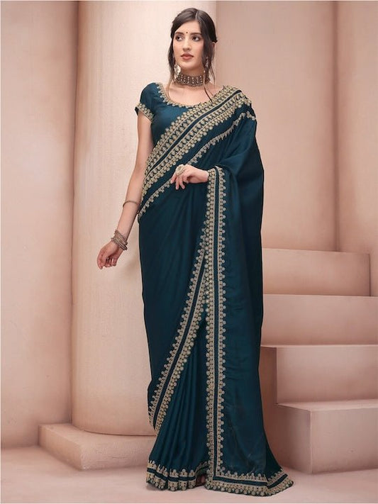 Teal & Gold-Toned Ethnic Motifs Embroidered Silk Blend Saree - Inddus.com