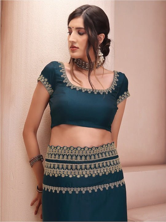 Teal & Gold-Toned Ethnic Motifs Embroidered Silk Blend Saree - Inddus.com