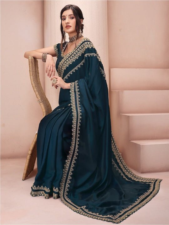 Teal & Gold-Toned Ethnic Motifs Embroidered Silk Blend Saree - Inddus.com