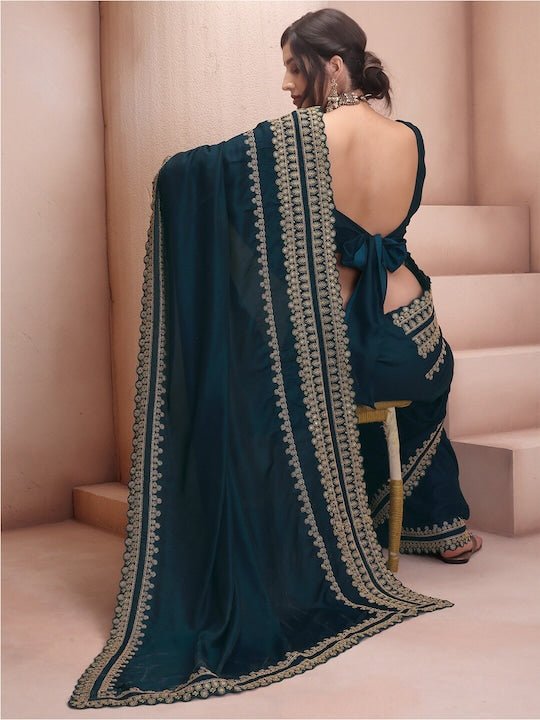 Teal & Gold-Toned Ethnic Motifs Embroidered Silk Blend Saree - Inddus.com