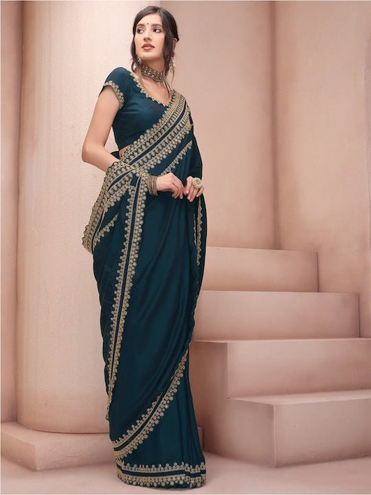 Teal & Gold-Toned Ethnic Motifs Embroidered Silk Blend Saree - Inddus.com