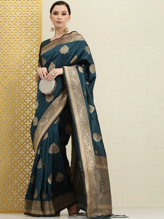 Teal & Gold-Toned Ethnic Motifs Zari Silk Blend Banarasi Saree - Inddus.com