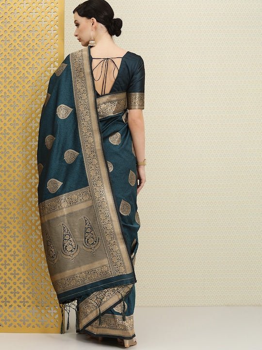 Teal & Gold-Toned Ethnic Motifs Zari Silk Blend Banarasi Saree - Inddus.com