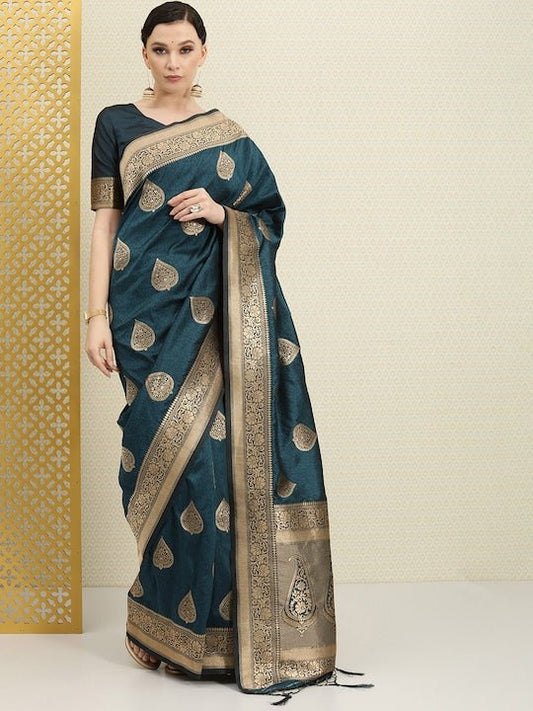 Teal & Gold-Toned Ethnic Motifs Zari Silk Blend Banarasi Saree - Inddus.com