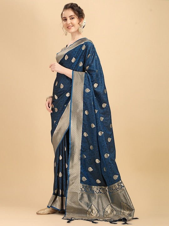 Teal & Gold-Toned Woven Design Silk Blend Saree