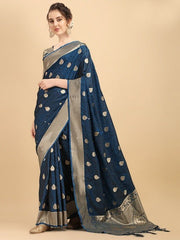 Teal & Gold-Toned Woven Design Silk Blend Saree