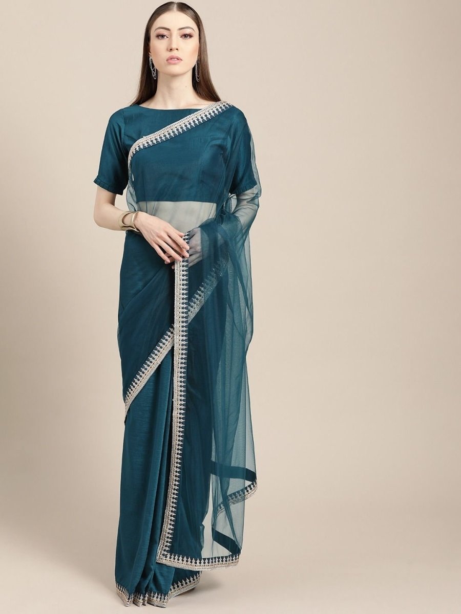 Teal Half Net and Half Silk Blend Saree - inddus-us