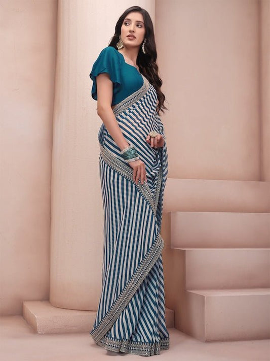 Teal Leheriya Printed Embroidered Saree