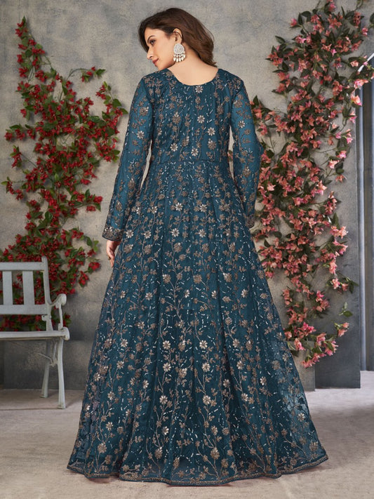 Teal Net Partywear Anarkali Suit - Inddus.com