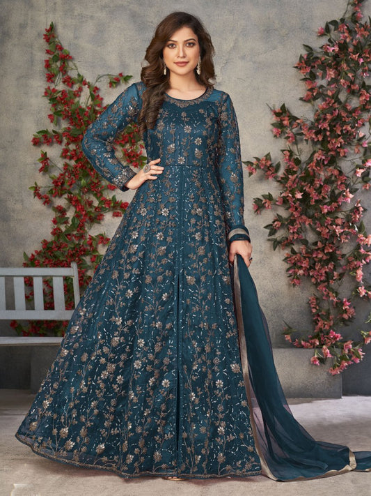 Teal Net Partywear Anarkali Suit - Inddus.com