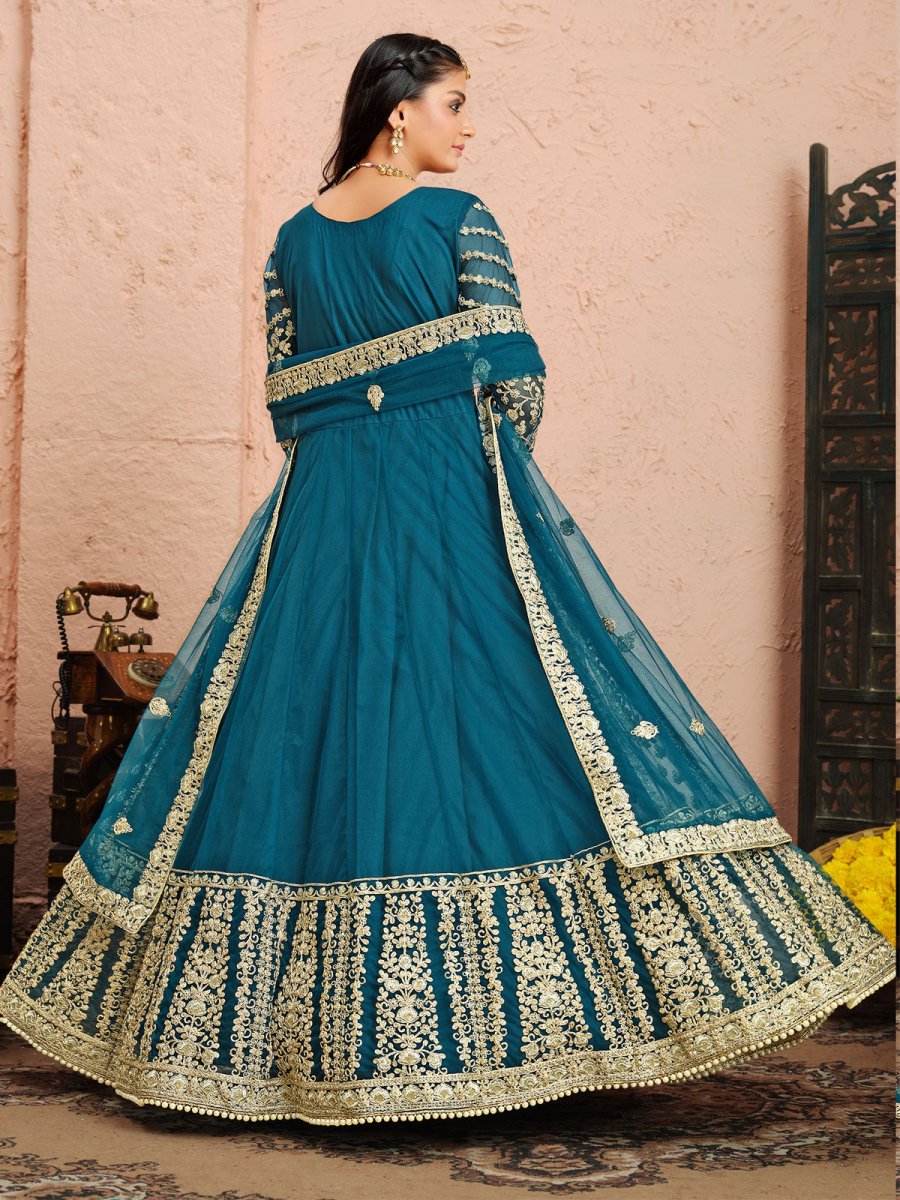 Teal Net Partywear Anarkali Suit - Inddus.com